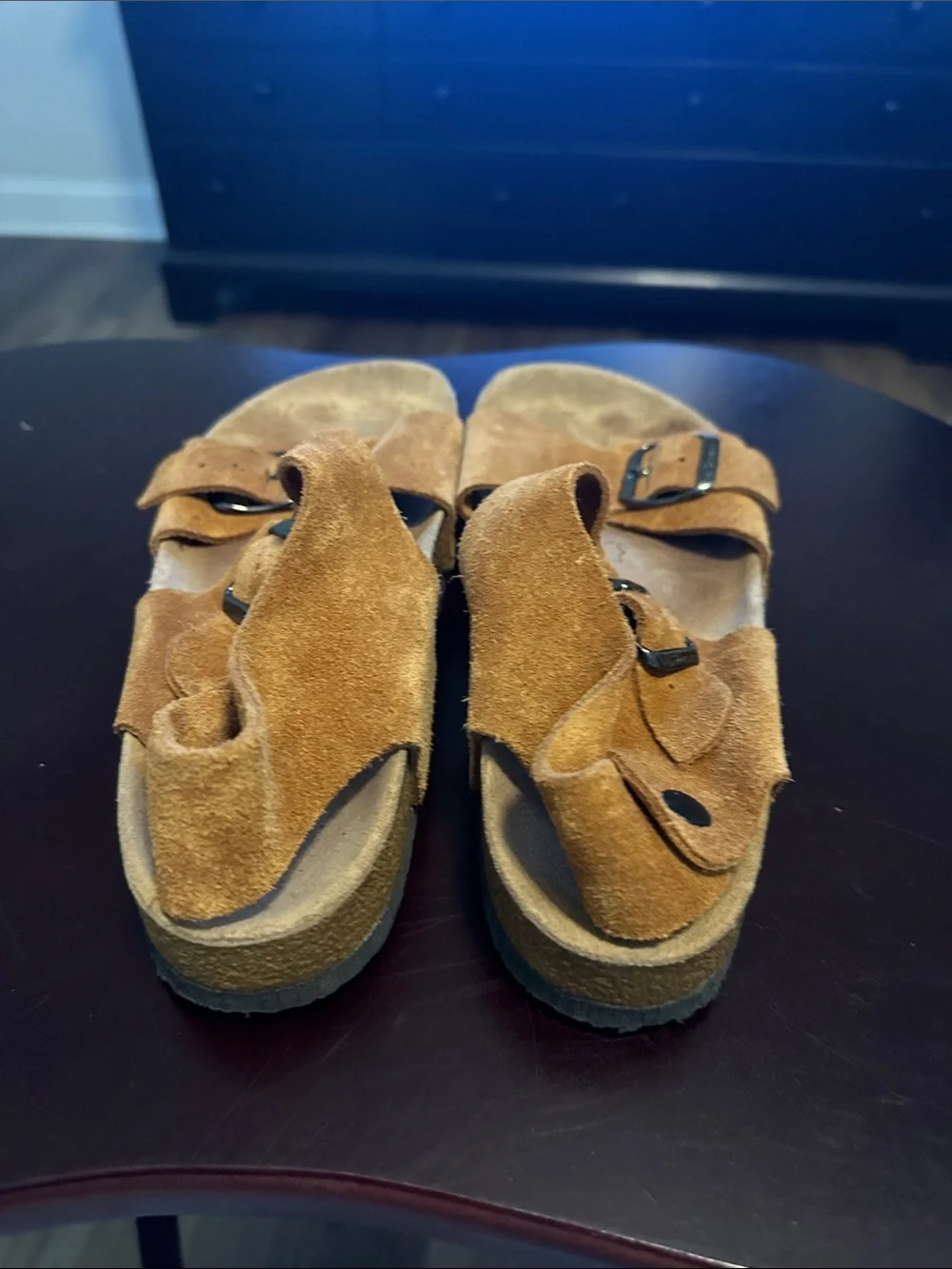 Women’s Two-Buckle Suede Sandals in Tan